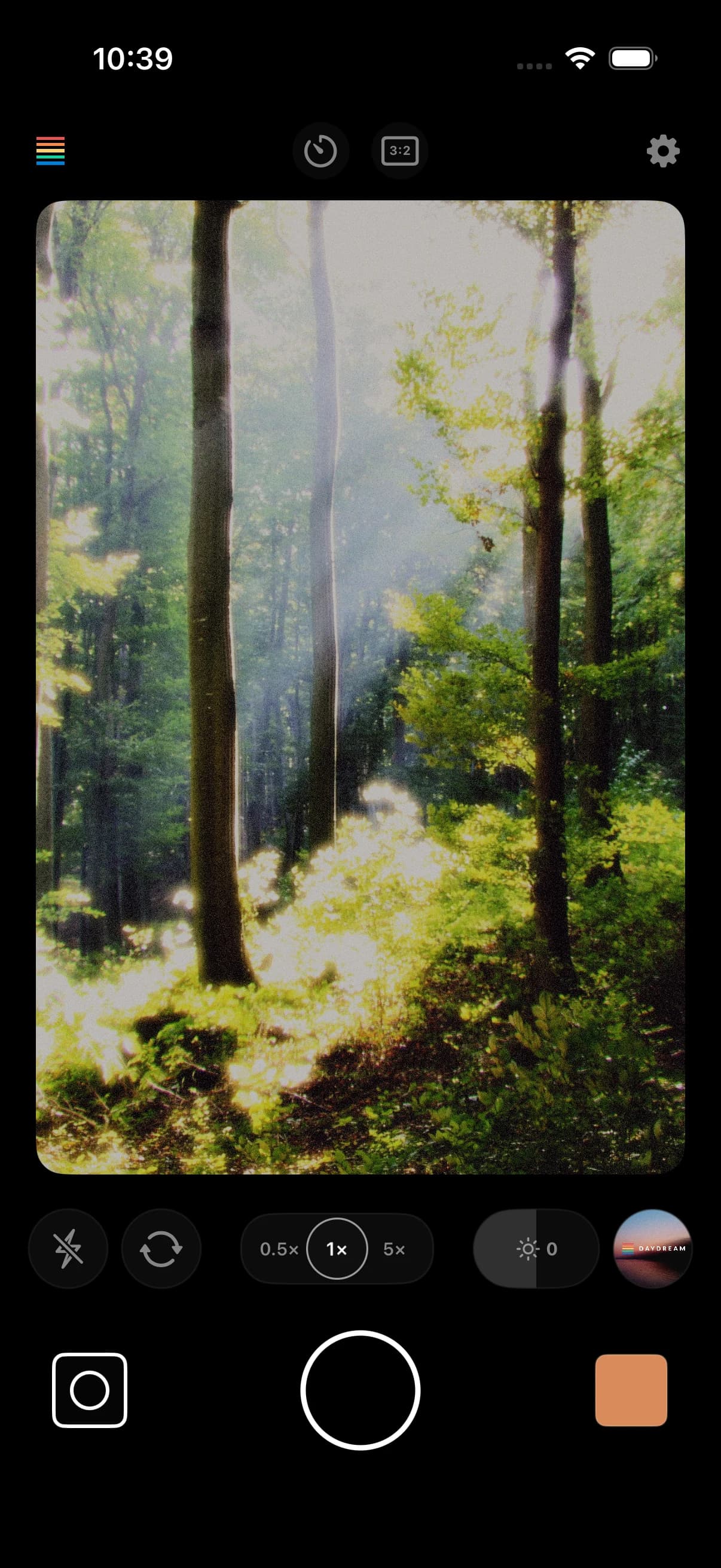 Daydream's camera, with a sunlit forest in the viewfinder