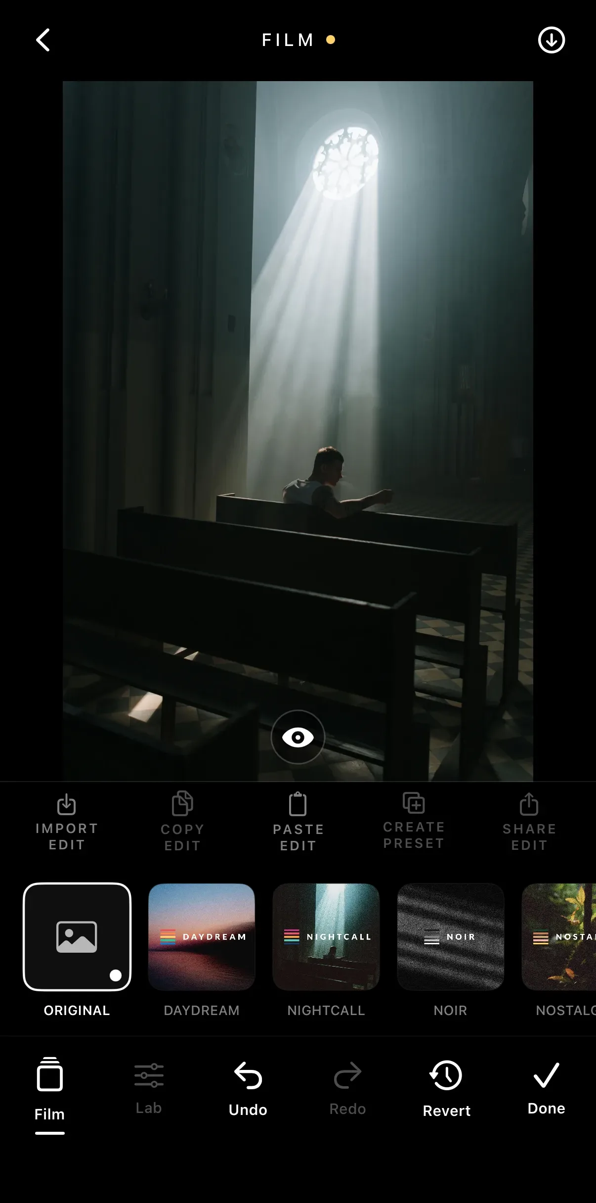 The Film screen showing the unedited original photo with Original selected