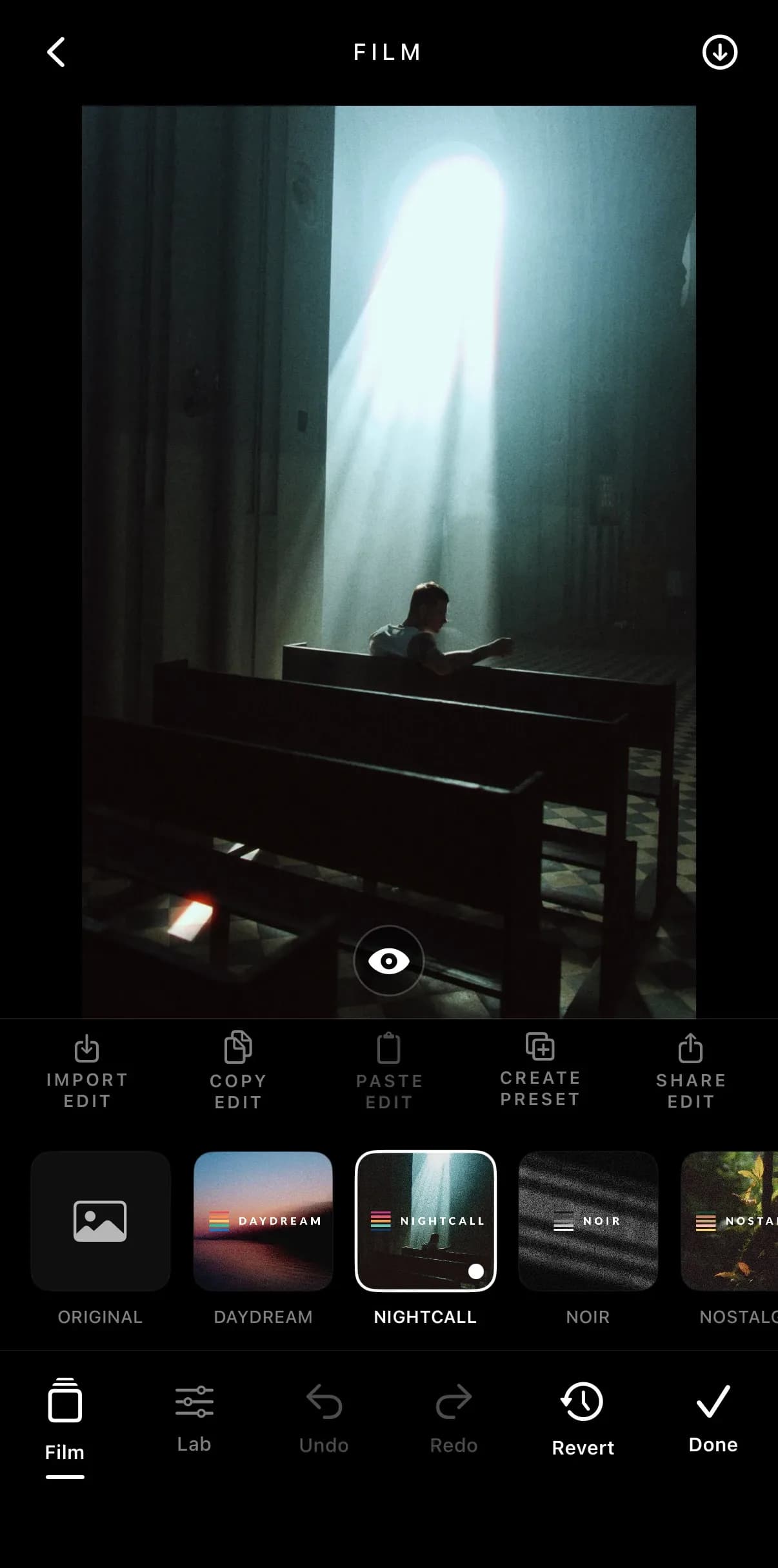 The Film screen with the Nightcall preset applied