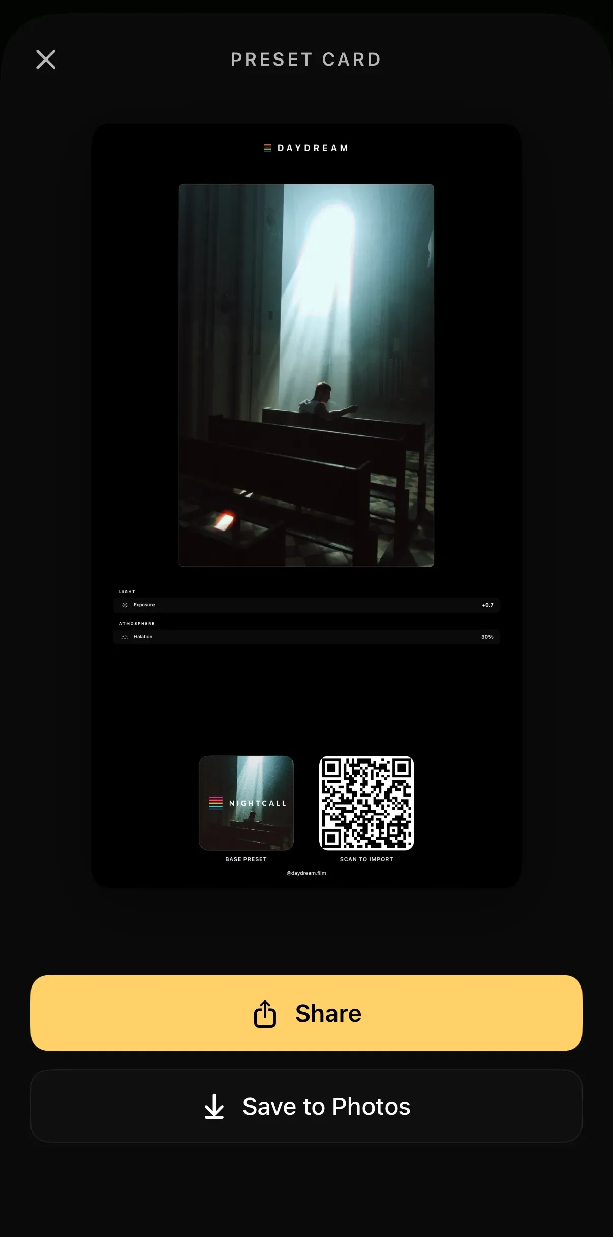 A preset card with the edited photo, the recipe behind it and a code to import the look