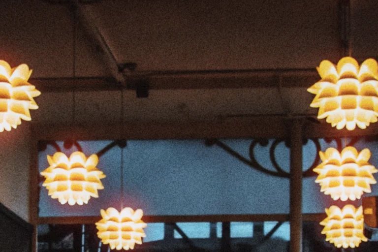 Tungsten balance: warm lamps, cool street, a close crop of a café at night under flower-shaped pendant lamps, a misty street beyond its window
